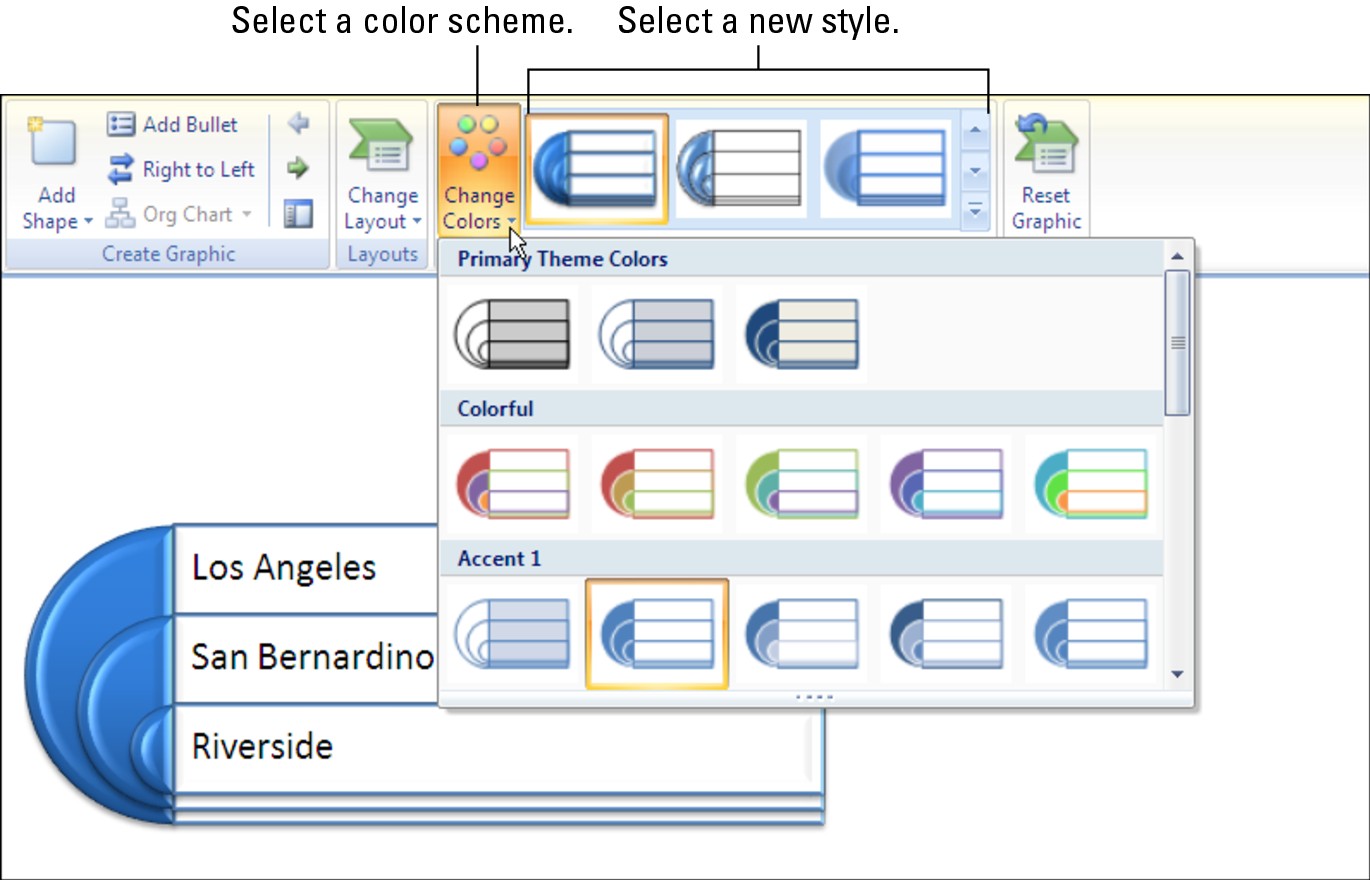 Figure 3-9: Experiment freely with the Change Colors and SmartArt Styles gallery options.